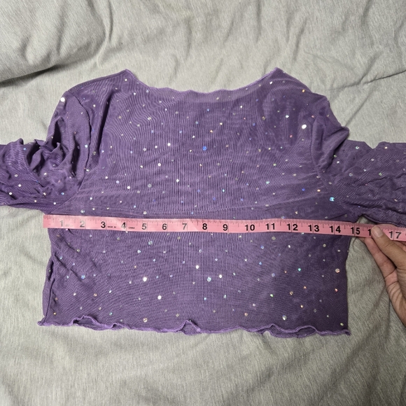 SHEIN BAE Lettuce Trim Flounce Sleeve Crop Sequin Mesh Top - Picture 7 of 7